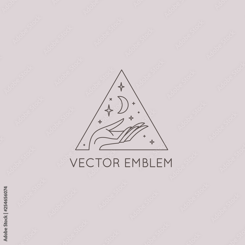 Poster Vector abstract logo design template in trendy linear minimal style - hands with moon and stars