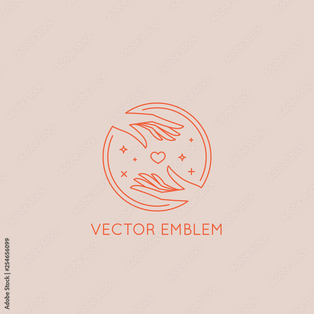 Poster Vector abstract logo design template in trendy linear minimal style - hands with heart