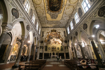 NAPLES, ITALY - November, 2018: Interiors and details of barroco church of the Gesu Nuovo in Naples, Italy.