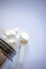 Sport supplement, creatine, hmb, bcaa, amino acid or vitamin mesure with powder. Sport nutrition concept. bcaa, l-carnitine, creatine