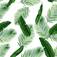 Hand paint seamless pattern of watercolor leaves. illustrations  of coconut and banana palm leaves. Tropical seamless background.