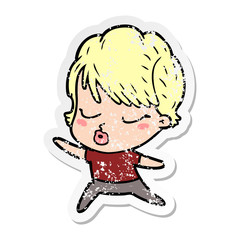 distressed sticker of a cartoon woman with eyes shut