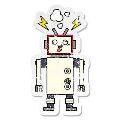 distressed sticker of a cute cartoon crazy broken robot