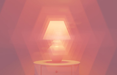 Stylish lamp on table against color wall, space for text. Design with living coral color