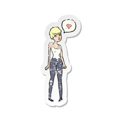 retro distressed sticker of a cartoon woman in love