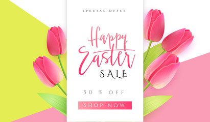 Vector illustration of easter day promotion banner template with hand lettering label - happy easter- with realistic tulip flowers
