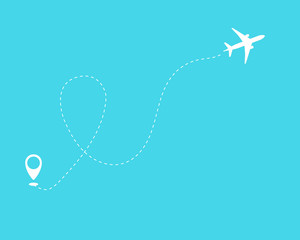 Flat plane and its track on blue background.