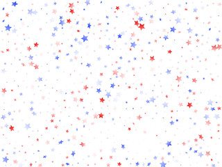 Flying red blue white star sparkles on white vector american patriotic background.