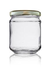 empty glass jar closed by a metal cover with reflection, isolated on a white background