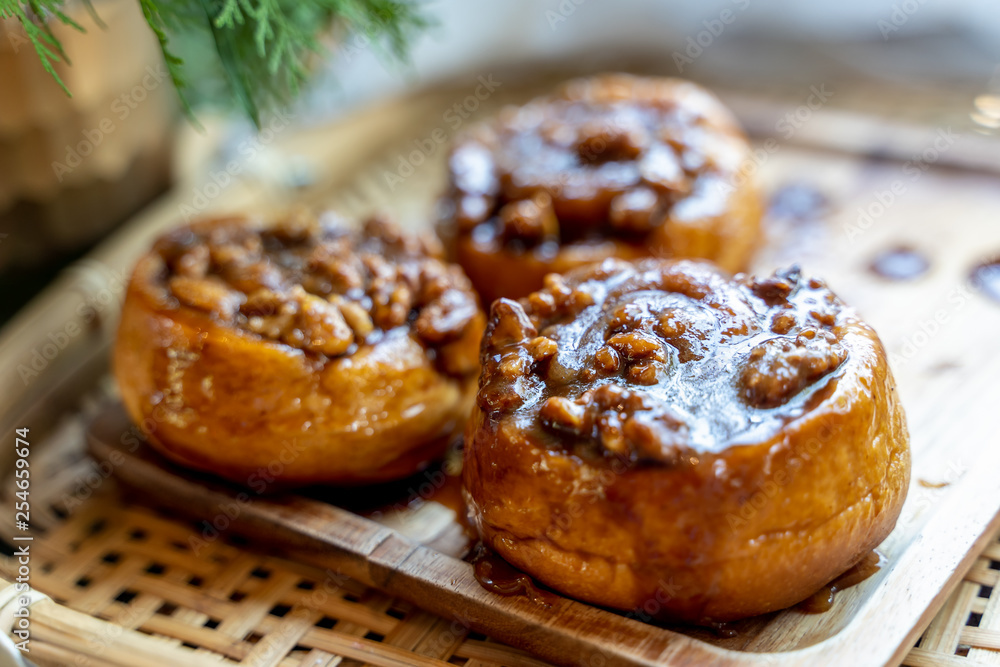 Wall mural homemade sticky buns closeup.