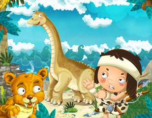 cartoon scene with caveman near the sea shore looking at some happy and funny giant dinosaur diplodocus and sabre tooth tiger - illustration for children