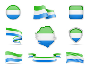 Sierra Leone flags collection. Vector illustration set flags and outline of the country.