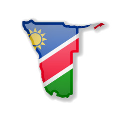 Namibia flag and outline of the country on a white background.
