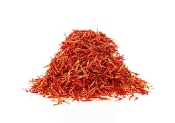 Heap of saffron threads isolated on white background, autumn crocus.