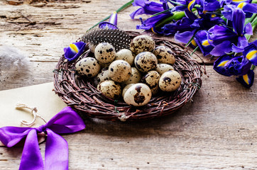 Easter background and spring flowers.Space for text. - Image