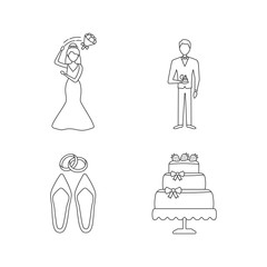 Wedding planning linear icons set