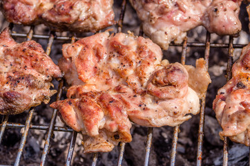 Chicken steak on the grill. Cooking chicken on the barbeque with charcoal in garden.