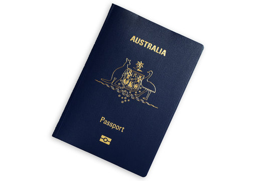 Australian blue biometric passport isolated on white background