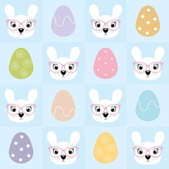 Fototapeta premium Kawaii easter bunny girl with pink spectacles and decorated eggs seamless pattern