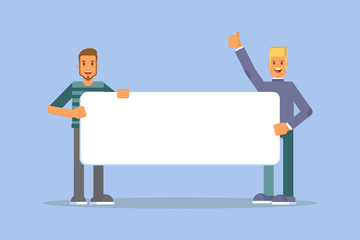 People holding promo banner flat illustration