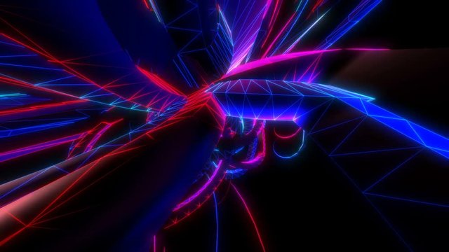 Abstract geometric lowpoly tunnel. Seamless neon retro futuristic animation 