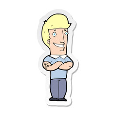 sticker of a cartoon man with folded arms grinning