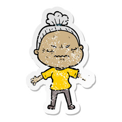 distressed sticker of a cartoon annoyed old lady