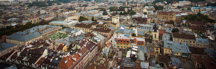 panoramic view of old european city, top view banner of architecture