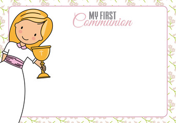 First communion card. Child with chalice and space for text