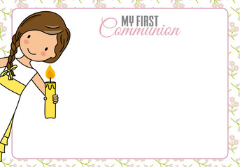First communion card. Girl with candle and space for text