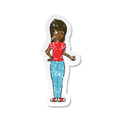 retro distressed sticker of a cartoon woman explaining