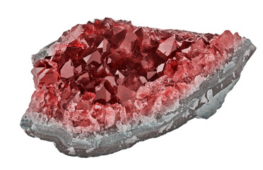 red rubies in geode isolated on white