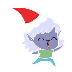 flat color illustration of a elf girl wearing santa hat