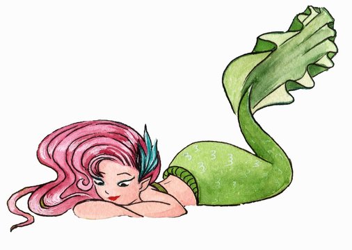 Little mermaid on a white background with pink hair and a green fish tail lying on her stomach and looking down