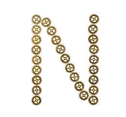 Alphabet letter N made of metal gears. Isolated on white background. Steampunk style