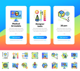 Onboarding design concept icons for 3D printing and modeling. Modern user interface UX, UI screen template. Icons for responsive web site and mobile smart phone. Vector illustration