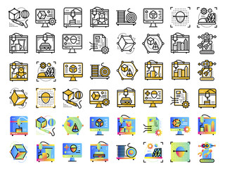 Linear icon set of 3D printing and 3D modeling. Suitable for presentation, mobile apps, website, interfaces and print