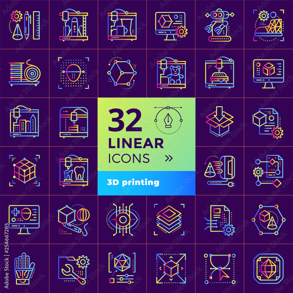 Poster collection of gradient outline icons, 3d printing and 3d modeling. suitable for infographics, websit