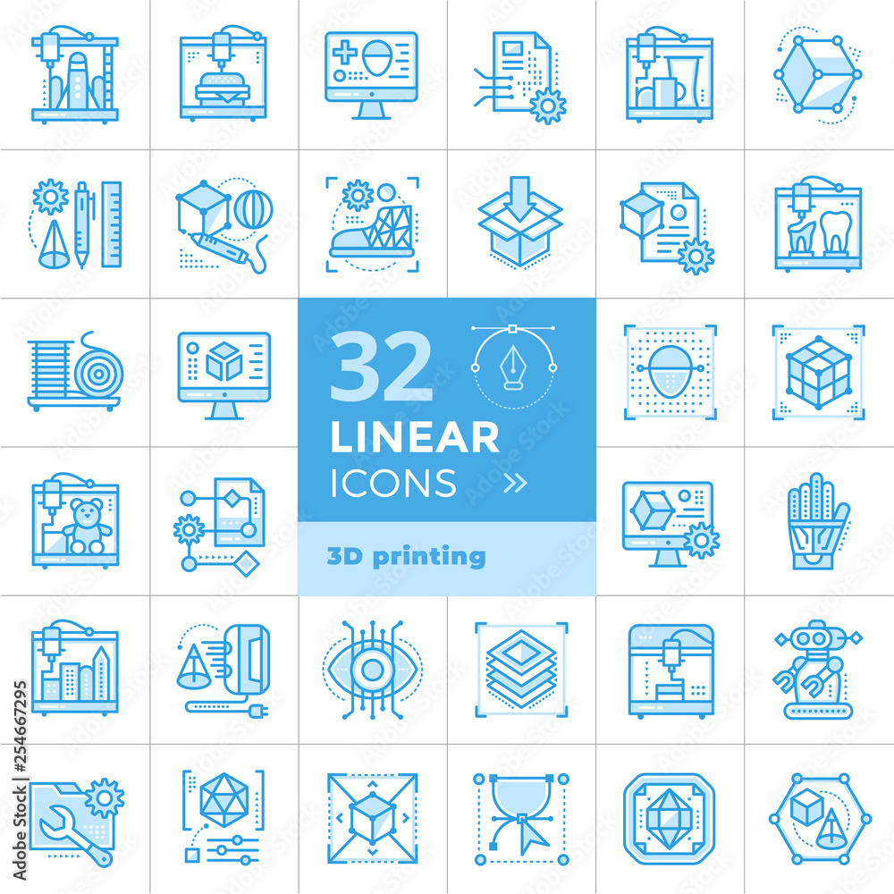 Aufkleber collection of linear icons, 3d printing and 3d modeling. suitable for presentation, mobile apps, web