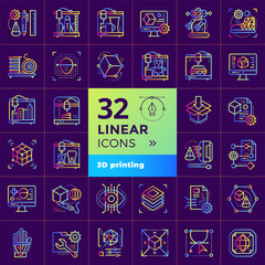 Collection of gradient outline icons, 3D printing and 3D modeling. Suitable for infographics, websites, print media and interfaces