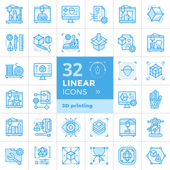 Collection of linear icons, 3D printing and 3D modeling. Suitable for presentation, mobile apps, website, interfaces and print