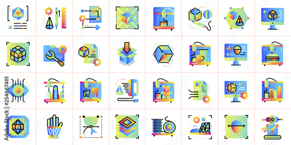Poster collection of gradient icons, 3d printing and 3d modeling. suitable for infographics, websites, prin