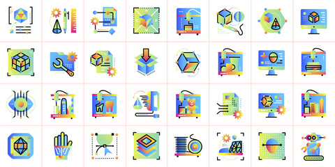 Collection of gradient icons, 3D printing and 3D modeling. Suitable for infographics, websites, print media and interfaces