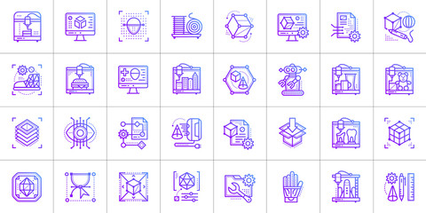 Gradient outline icons set of 3D printing and 3D modeling. Suitable for infographics, websites, print media and interfaces