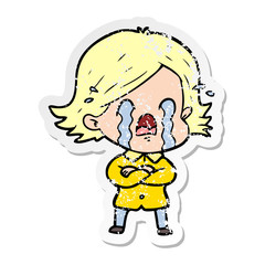 distressed sticker of a cartoon woman crying