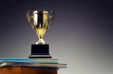 golden trophy on stack of book for education success concept.