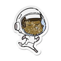 distressed sticker of a cartoon confident astronaut