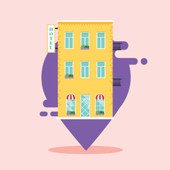 Concept of hotel search. ind hotel on city map. Flat design style modern vector illustration concept.