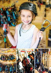 Set of little smiling girl with rock climbing equipment
