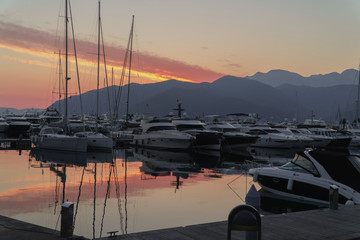 Bay with yachts at sunset